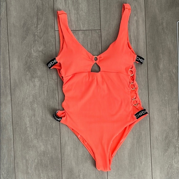 BEBE NWOT Fluorescent Orange Cut-Out One Piece Swimsuit, Size L - Picture 9 of 14